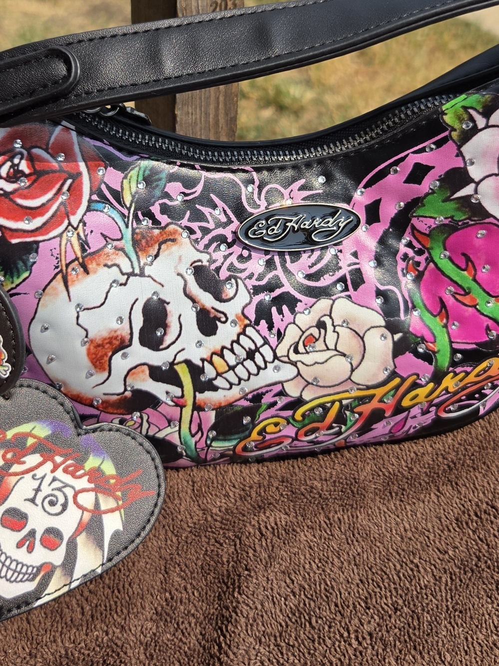 Ed Hardy Pink Skull & Rose Studded Shoulder Bag with Black Trim